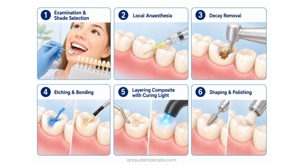 6 stages of a composite filling procedure