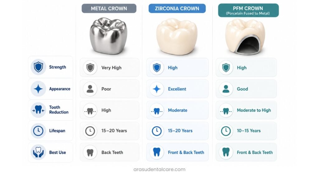 Metal Crown vs Zirconia vs PFM