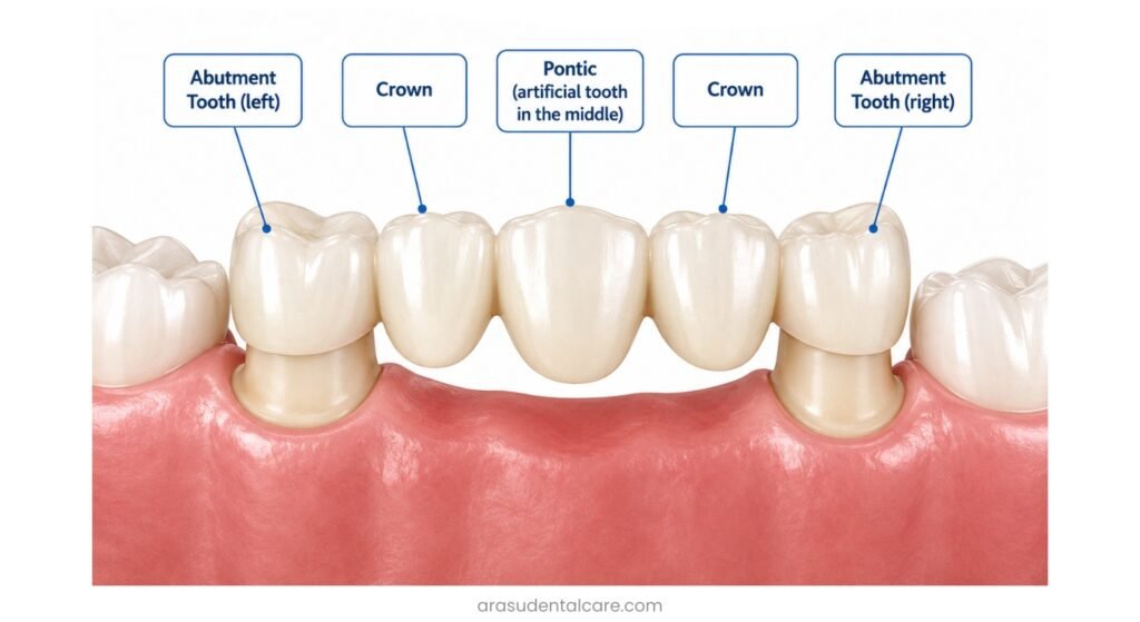 parts of a porcelain dental bridge