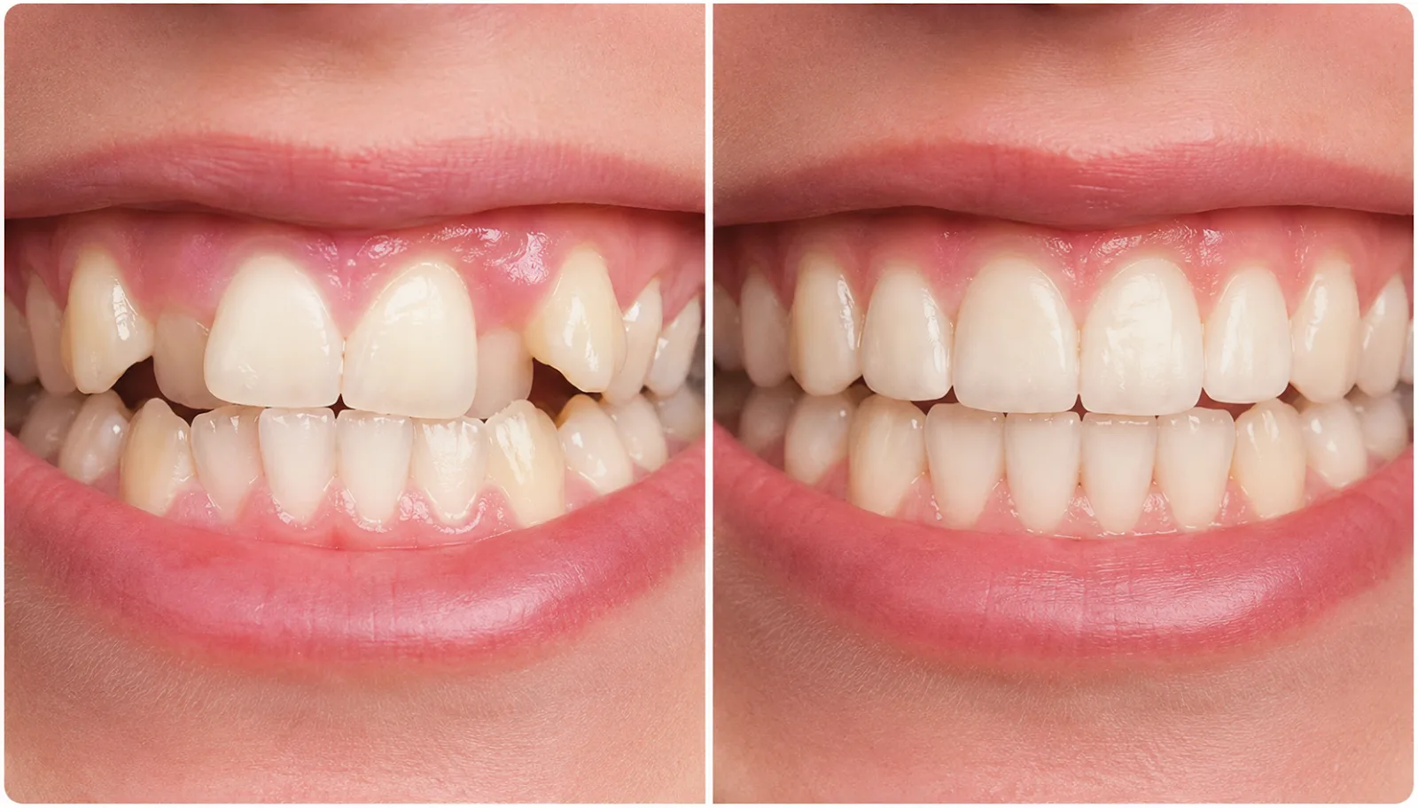 Before and after — Crowded front teeth corrected — Arasu Dental Care, Coimbatore