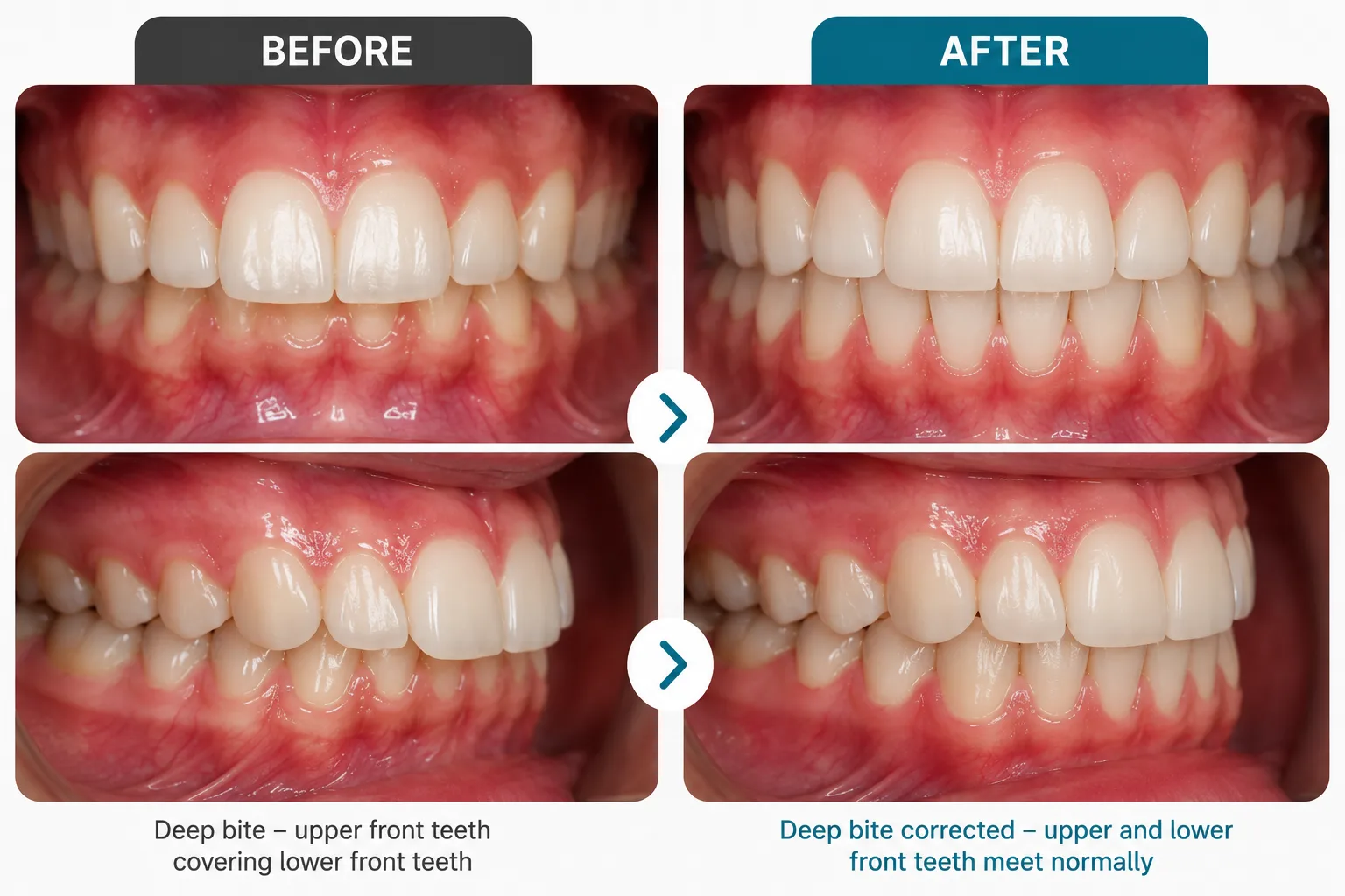 Before and after — Deep bite corrected — Arasu Dental Care, Coimbatore