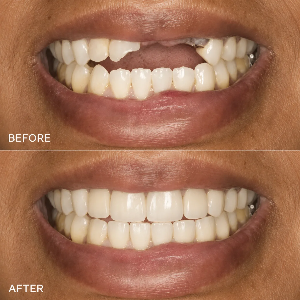Before and after — Gaps closed with bridge — Arasu Dental Care, Coimbatore