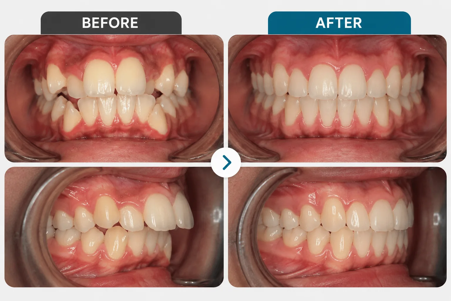 Before and after — Protruding front teeth retracted — Arasu Dental Care, Coimbatore
