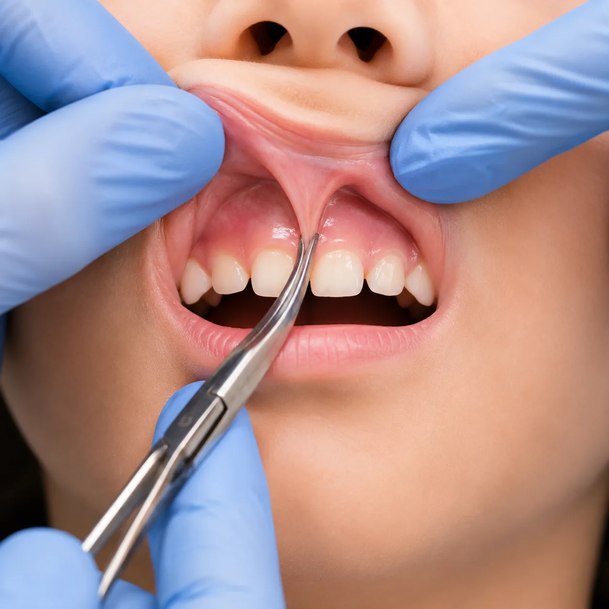 Dentist at Arasu Dental Care, Coimbatore, gently assessing a child before a tongue-tie release under local anaesthetic