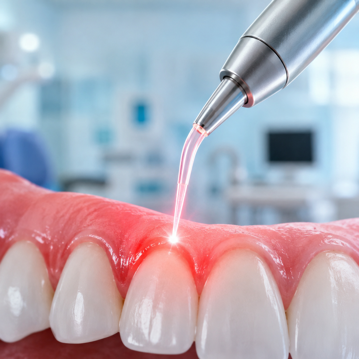Soft-tissue laser unit used for laser gum therapy at Arasu Dental Care, Coimbatore