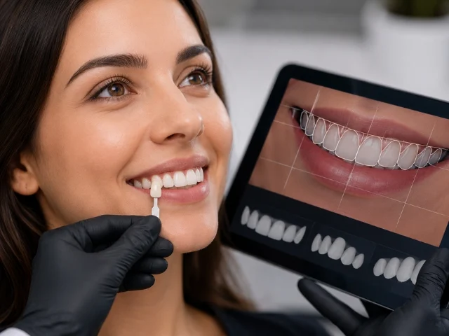 Digital smile design mock-up and shade matching at Arasu Dental Care, Coimbatore