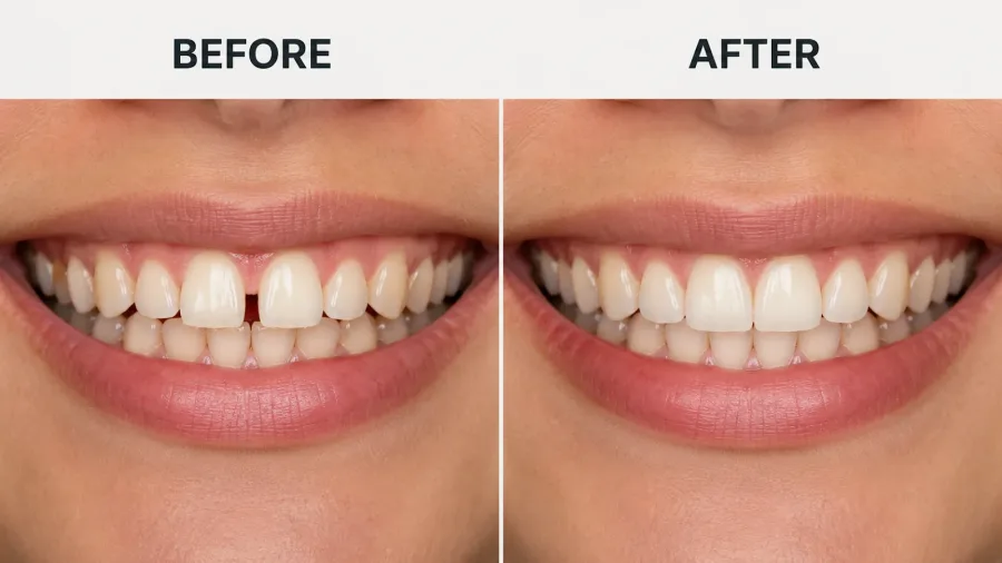 Before and after — gaps between front teeth closed and the smile aligned at Arasu Dental Care, Coimbatore