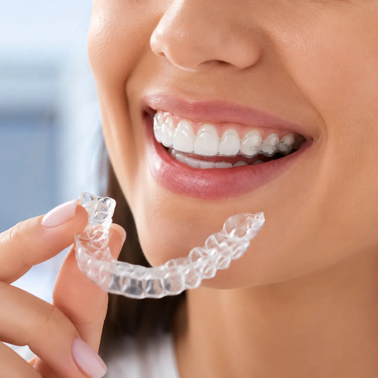 Patient holding a clear aligner tray - Arasu Dental Care, Coimbatore