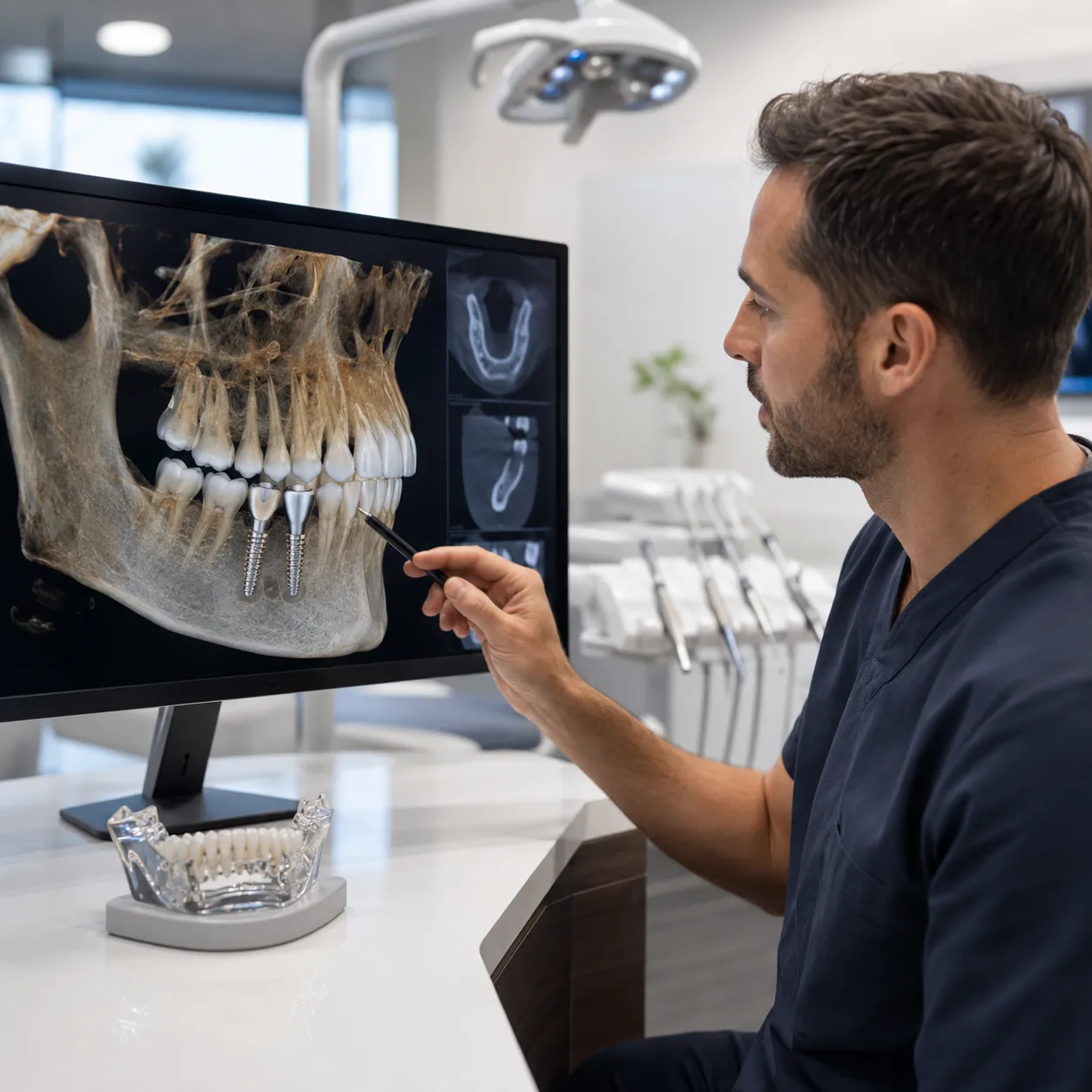 Implant specialist reviewing a 3D CBCT scan - Arasu Dental Care, Coimbatore