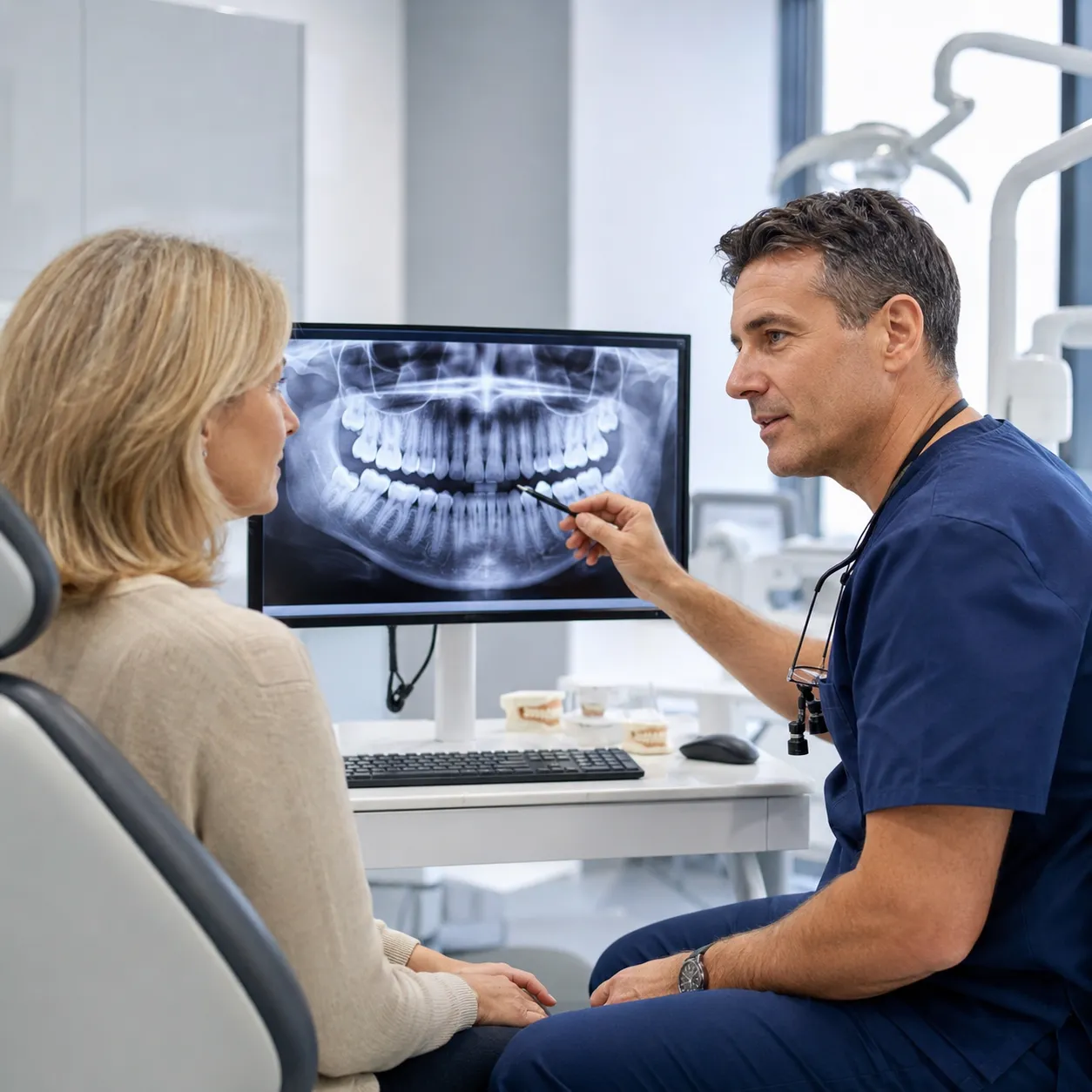 Prosthodontist explaining a panoramic X-ray to a patient - Arasu Dental Care, Coimbatore