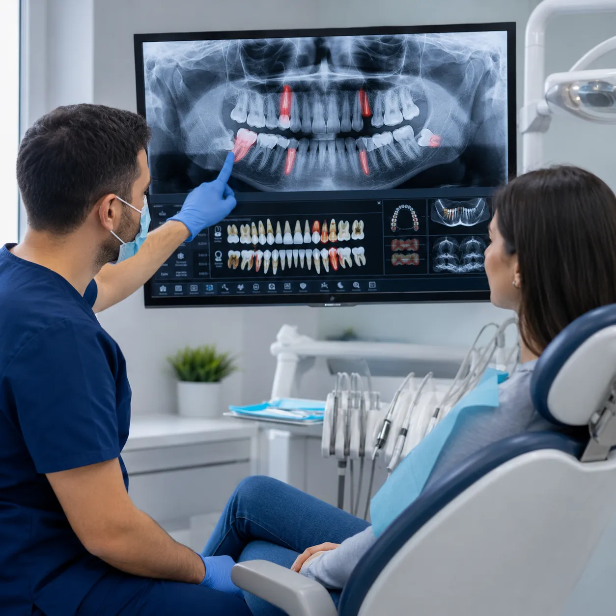Dentist mapping problem teeth on a panoramic X-ray with a patient - Arasu Dental Care, Coimbatore