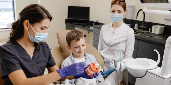 Little patient visiting dentist in clinic. Boy playing with teeth model at professional consultation in dentistry office. Kid learning oral hygiene and dental care with doctor.